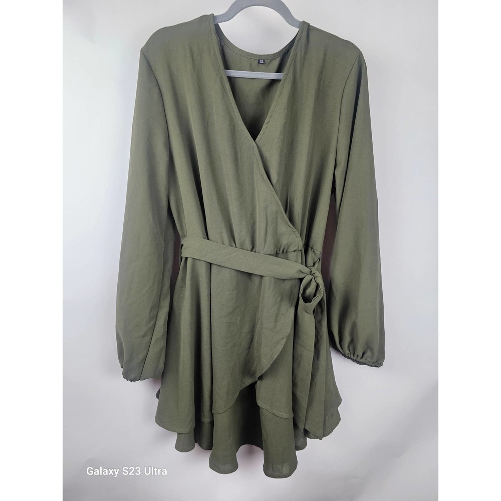 OLIVE green Wrap dress, peasant style sleeves,tie waist, Ruffles bottom,…